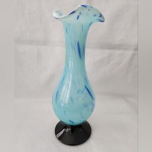 Blue Splatter Confetti Bud Vase Black Pedestal 7" Tall Cased Glass Ruffle Rim